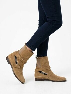 Burberry Tan Suede Buckle Ankle Boots NWOT